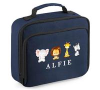 Personalised Safari Lunch Box Jungle Animal Design Custom Name for Kids Boys Girls Back to School Nursery Infant, 24cm x 20cm x 8cm, Navy