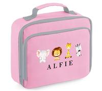 Personalised Safari Lunch Box Jungle Animal Design Custom Name for Kids Boys Girls Back to School Nursery Infant, 24cm x 20cm x 8cm, Light Pink
