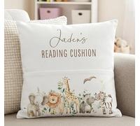 Personalised Safari Reading Cushion for Kids | Custom Name Pocket Pillow with Lion & Elephant | Toddler Story Time Gift for Nursery Decor 40x40cm
