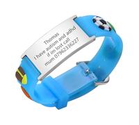 Personalised Safety ID Wristband for Kids - Customzied Soft Silicone Anti-Lost Emergency Contact or Medical Information Waterproof Cartoon Style Bracelets for Boys Girls (Blue silver-football)