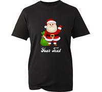 Personalised Santa Claus Hand Waving Christmas T-Shirt Your Text Xmas Santa Delivering Presents Unisex Gift Tee Top (Black, XL)