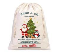 Personalised Santa Claus Printed Sack with Custom Name - 100% Cotton Stuff Bag, Lightweight Drawstring Christmas Bags, Multi-Purpose Natural Santa Sacks, Eco-Friendly Storage Solution (Natural, L)