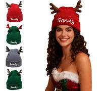 Personalised Santa Hat Embroidered with Names, Funny Christmas Hats for Kids Adult Novelty, Cute Knitted Santa Hat with 2 Antlers Star, Xmas Hat Women Men, Personalised Christmas Gifts (A-01)