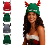Personalised Santa Hat Embroidered with Names, Funny Christmas Hats for Kids Adult Novelty, Cute Knitted Santa Hat with 2 Antlers Star, Xmas Hat Women Men, Personalised Christmas Gifts (A-03)