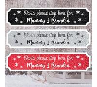 Personalised Santa Please Stop Here Family Street Sign - Wooden or Acrylic Christmas Decor - Modern Rustic Wall Art - Glitter Effect Options (Medium 390mm x 85mm, Acrylic Indoor & Outdoor Use)