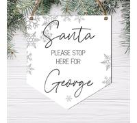 Personalised 'Santa Please Stop Here' Hanging Plaque - Delightful Blue Santa Design, Custom Name Included - Handcrafted Wooden Christmas Decoration (White & Silver Design)