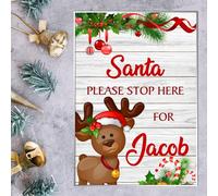 Personalised 'Santa Please Stop Here' Plaque Sign - Rustic Christmas Wall Art for Kids' Rooms - Customisable Xmas Gift Decoration (A5 Acrylic: Indoor & Outdoor Use, Reindeer Design)
