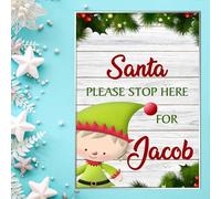 Personalised 'Santa Please Stop Here' Plaque Sign - Rustic Christmas Wall Art for Kids' Rooms - Customisable Xmas Gift Decoration - Handcrafted in the UK (A5 Acrylic: Indoor & Outdoor Use, Elf Design)