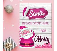 Personalised 'Santa Please Stop Here' Plaque Sign - Rustic Christmas Wall Art for Kids' Rooms - Customisable Xmas Gift Decoration (A5 MDF Wood: Indoor Use Only, Pink Santa Design)