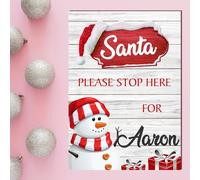 Personalised 'Santa Please Stop Here' Plaque Sign - Rustic Christmas Wall Art for Kids' Rooms - Customisable Xmas Gift Decoration A5 MDF Wood: Indoor Use Only, Red Snowman Design)