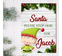Personalised 'Santa Please Stop Here' Plaque Sign - Rustic Christmas Wall Art for Kids' Rooms - Customisable Xmas Gift Decoration - Handcrafted in the UK (A5 MDF Wood: Indoor Use Only, Elf Design)