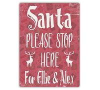 Personalised Santa Please Stop Here (Red) | Sticky-Pads - Metal Wall Sign Plaque