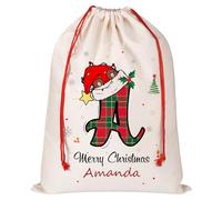 Personalised Santa Sack with Initial & Name, Custom Monogram Alphabet Xmas Gift Bags with Drawstring, Christmas Wrapping Gift Bags for Holiday Presents, Xmas Eve Box Sack Bags,27x39cm