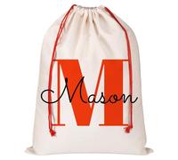 Personalised Santa Sack with Initial & Name, Custom Monogram Alphabet Xmas Gift Bags with Drawstring, Christmas Wrapping Gift Bags for Holiday Presents, Xmas Eve Box Sack Bags,20x29cm