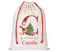 Personalised Santa Sack with Initial & Name, Custom Monogram Alphabet Xmas Gift Bags with Drawstring, Christmas Wrapping Gift Bags for Holiday Presents, Xmas Eve Box Sack Bags,27x39cm