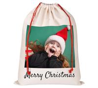 Personalised Santa Sack with Photo Text, Custom Xmas Gift Bags with Drawstring, Christmas Wrapping Gift Bags for Holiday Presents, Xmas Eve Box Sack Bags,27x39cm
