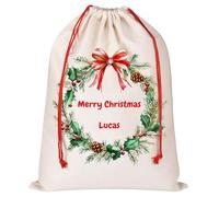 Personalised Santa Sack with Wreath, Custom Xmas Gift Bags with Drawstring, Christmas Wrapping Gift Bags for Holiday Presents, Xmas Eve Box Sack Bags,27x39cm