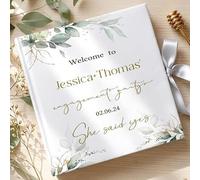 Personalised Satin Hardcover Engagement Party Guest Book - Blank 86 Pages Square White Guestbook for Wedding, Bridal Shower & Anniversary | Custom Green & Gold Eucalyptus Design, 18x18cm