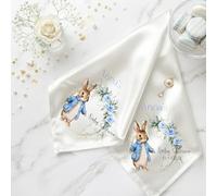 Personalised Satin sheer finish baby shower napkin, 50x50 cm size, custom name & date print Dinner linen, elegant blue floral rabbit design, premium event table decor.