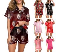 Personalised Satin Short Pyjamas for Women Custom Summer Silk Pyjamas Gift for Bride Wife Mom Lovers Photo Pyjamas With Face 2 Piece Set Red