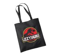 Personalised Saurus Black Tote Bag - T-Rex Dinosaur Movie Film Cinema Show Park Logo Fossil Bone Clone Amber Jurassic Retro 90's Cotton Shopper Gift Present