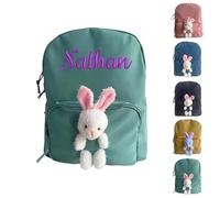 Personalised School Bag for Girls, Bunny Embroidered Kids Backpack, Canvas Toddler Rucksack, Childrens Small School Bag, Nursery Preschool Travel Daypack (Green)