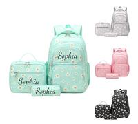 Personalised School Bags for Girls, Embroidered Name Teen Girls Rucksack & Lunch Bag with Pencil Pouch 3PCS Set, Daisy Flower Print Kids Backpack Travel Daypack for Primary Secondary (Daisy-Green)