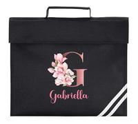 Personalised School Book Bag For Girls - Rose Gold Floral Initial Homework A4 Customised Black