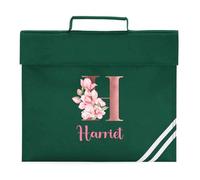 Personalised School Book Bag for Girls - Rose Gold Floral Initial Homework A4 Customised Green