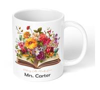 Personalised School Staff Thank You Mug - Colourful Garden Floral Book Design Gift for Teacher, Teaching Assistant, Tutor, Nursery Staff - Custom Mug with Colour Inside or Magic Heat Changing Option