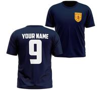 Personalised Scotland Badge Kids T Shirt Name and Number Scottish Coat of Arms Boy Girl Football Tee, 3-4 Years, Navy