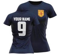 Personalised Scotland Badge Womens T Shirt Name and Number Scottish Coat of Arms Football Tee, S, Navy