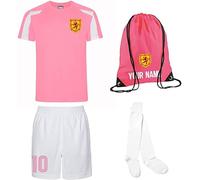 Personalised Scotland Style Kit Pink Football Shirt, White Shorts and Bag for Girls and Boys Best Birthday Gift for Children Kids Playwear (3-4 Years)