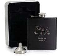 Personalised Script Text 6oz Black Hip Flask Gift Set | Includes Metal Presentation Tin & Filling Funnel | Custom Script Font Engraved Matte Black Flask | Wedding Groomsman & Father of the Bride Gift