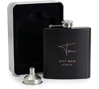 Personalised Script Text 6oz Black Hip Flask Gift Set | Includes Metal Presentation Tin & Filling Funnel | Custom Script Font Engraved Matte Black Flask | Birthday & Groomsmen Gift | Best Man Keepsake