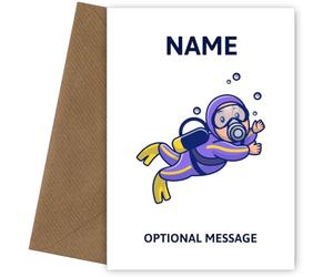 Personalised SCUBA DIVING Birthday Card for Boys. Perfect for a Son, Grandson or Nephew on his birthday, Christmas. Sport Greetings Card for him