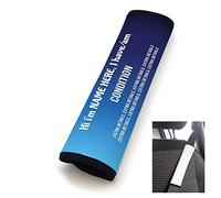 Personalised Seat Belt cover for medical conditions - Vertical text Blue Fade background