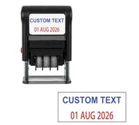 Personalised Self Inking Date Stamp with Custom Text, Changeable Office Date Stamp, Blue Custom Text & Red Date, Replaceable Ink Pad, 5 x 30 mm Text Area