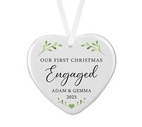 Personalised Sentimental Keepsake First Christmas Engaged Ceramic Heart Hanging Tree Bauble Decoration Gift (Organza Gift Bag)