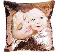 Personalised Sequin Cushion Cover Magic Reveal Printed Photo Gift Custom Made with Free Filling, 40cm x 40cm, CHAMPAGNE/WHITE