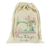 Personalised Sewing Bag, Reusable, Gift Bag, Floral Sewing Sew Days Design Drawstring Sack, Craft Material Storage Bag Customised with With Name/Initials/Text, Sizes: XXS, XS, S, M, L, XL