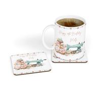 Personalised Sewing Machine Design White Ceramic Tea|Coffee Mug & Coaster Gift Set for 30th|40th|50th|60th|70th|80th|Birthday|Mother's Day|Her|Ladies|Mum|Nan|Nanny|Grandma
