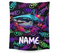 Personalised Shark Blanket with Name - Custom Boys Throw Blanket, Soft Cosy Fleece Blanket Gift for Bedroom, Sofa and Travel