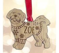 Personalised Shih Tzu Dog Christmas Tree Bauble Decoration, Wearing a Dog Jumper Design with Snowflakes, Customised Puppy Hanging Ornament, Oak Veneer Wood with Red Ribbon