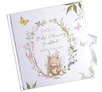 Personalised Shower 8x8 inhces Guestbook - Custom Name & Date Memory Book - High Quality White Satin Hardback - Woodland Bear & Wildflower Wreath Design - Gender Neutral Shower Keepsake