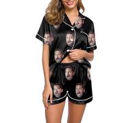Personalised Silk Pyjamas for Women with Funny Face Photo Custom Satin Pyjamas for Women Two Piece Pj Sets Short Button Down Pyjamas;S-3XL (UK, Alpha, XXL, Regular, Regular, A-Black)