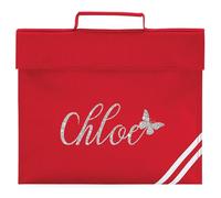 Personalised Silver Glitter Butterfly Book Bag for Girls Custom Name Return to School Nursery Kids Bag, One Size, Red