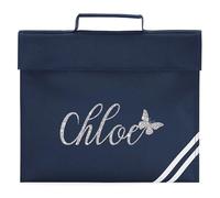 Personalised Silver Glitter Butterfly Book Bag for Girls Custom Name Return to School Nursery Kids Bag, One Size, Navy