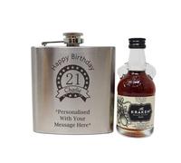 Personalised Silver Hip Flask & Miniature Alcohol - Birthday Design (Black Spiced Rum)