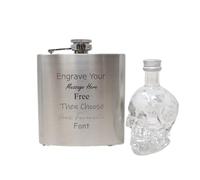 Personalised Silver Hip Flask & Miniature Alcohol (Skull Vodka/No Gift Box)